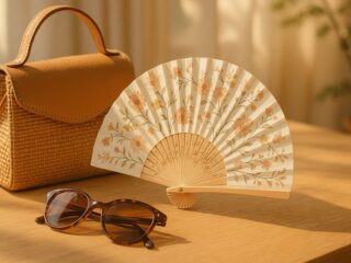 Un sac en paille, des lunettes de soleil et un éventail de bois à motifs floraux posés sur une table, illustrant L’Éventail de Poche idéal pour l’été.
