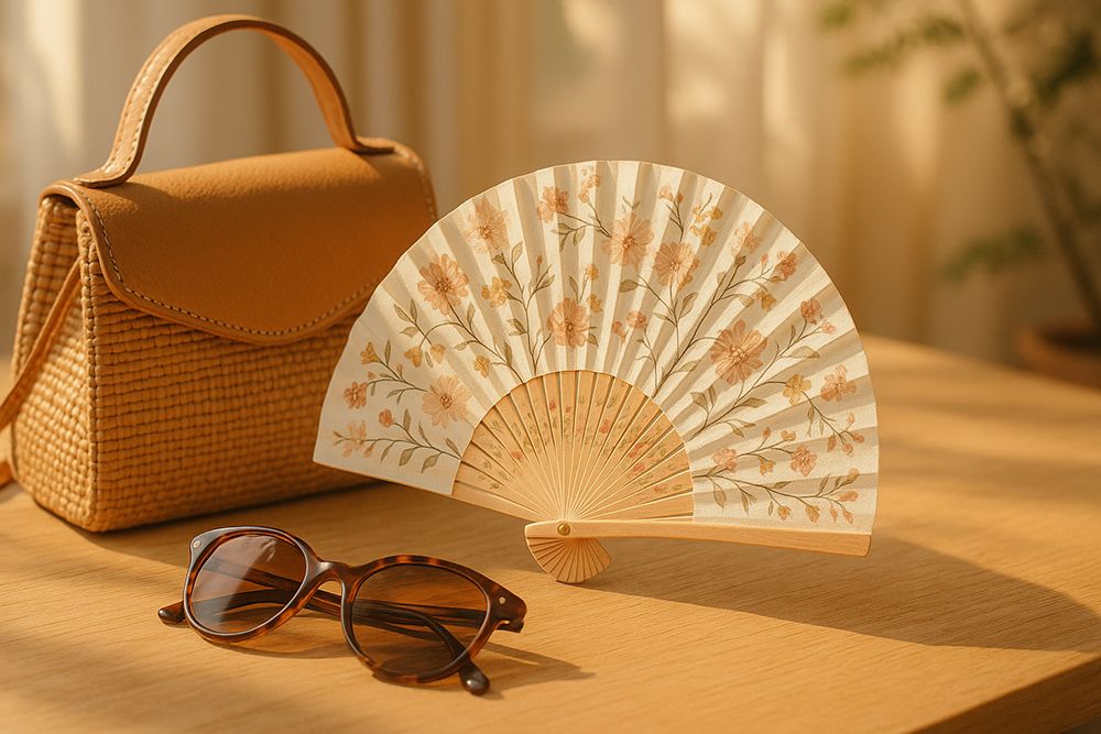 Un sac en paille, des lunettes de soleil et un éventail de bois à motifs floraux posés sur une table, illustrant L’Éventail de Poche idéal pour l’été.