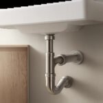 Illustration d’un siphon de lavabo moderne, compact et facile à entretenir sous une vasque de salle de bain. L’image évoque la fiabilité, l’hygiène et la simplicité d’installation.