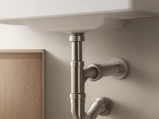 Illustration d’un siphon de lavabo moderne, compact et facile à entretenir sous une vasque de salle de bain. L’image évoque la fiabilité, l’hygiène et la simplicité d’installation.