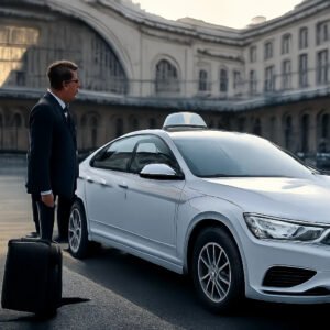 Un taxi attend devant la Gare de l’Est pour une prise en charge rapide et rassurante. L’image illustre un départ organisé, même en période de perturbations.