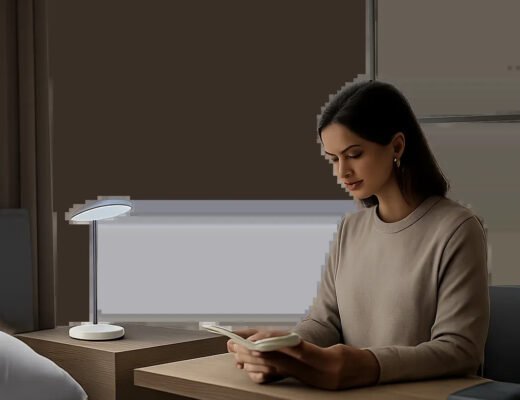 Une mise en scène premium montre une lumière bleue réglable intégrée à un intérieur moderne, entre réveil, lecture et travail. L’image évoque une approche technique, sobre et rassurante de l’éclairage quotidien.