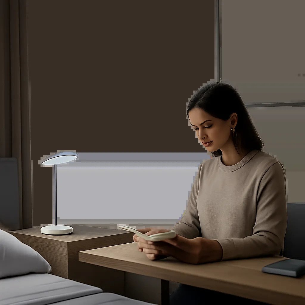 Une mise en scène premium montre une lumière bleue réglable intégrée à un intérieur moderne, entre réveil, lecture et travail. L’image évoque une approche technique, sobre et rassurante de l’éclairage quotidien.