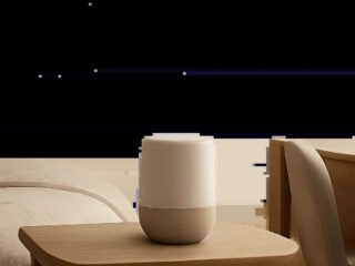 Un diffuseur d’huiles essentielles compact intégré dans un intérieur sobre et apaisant. L’image évoque le calme, la discrétion et l’usage quotidien dans la maison, la chambre ou le bureau.