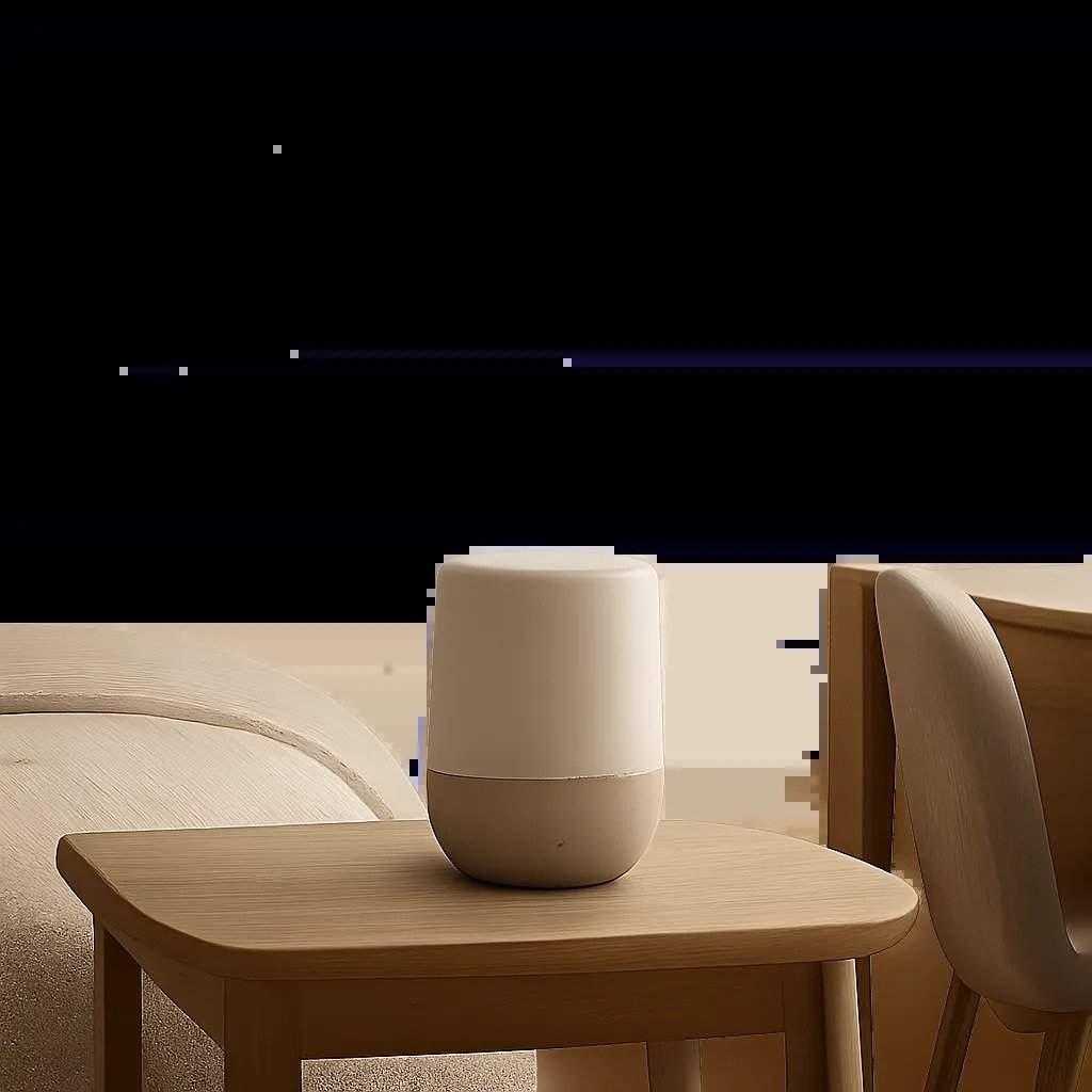 Un diffuseur d’huiles essentielles compact intégré dans un intérieur sobre et apaisant. L’image évoque le calme, la discrétion et l’usage quotidien dans la maison, la chambre ou le bureau.