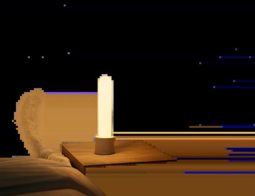 Une veilleuse LED minimaliste diffuse une lumière douce dans une chambre apaisante. L’image évoque la sécurité, la discrétion et le confort nocturne.