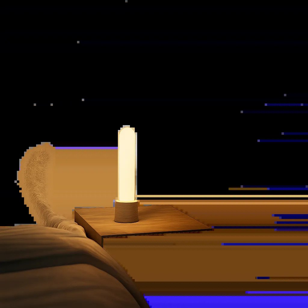 Une veilleuse LED minimaliste diffuse une lumière douce dans une chambre apaisante. L’image évoque la sécurité, la discrétion et le confort nocturne.