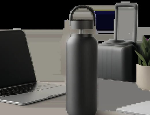 Une bouteille isotherme premium mise en scène dans un univers quotidien, entre bureau et déplacement. L’image évoque le confort, la praticité et l’hydratation durable.