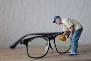 Homme miniature en tenue de baseball ajuste des lunettes sur une table