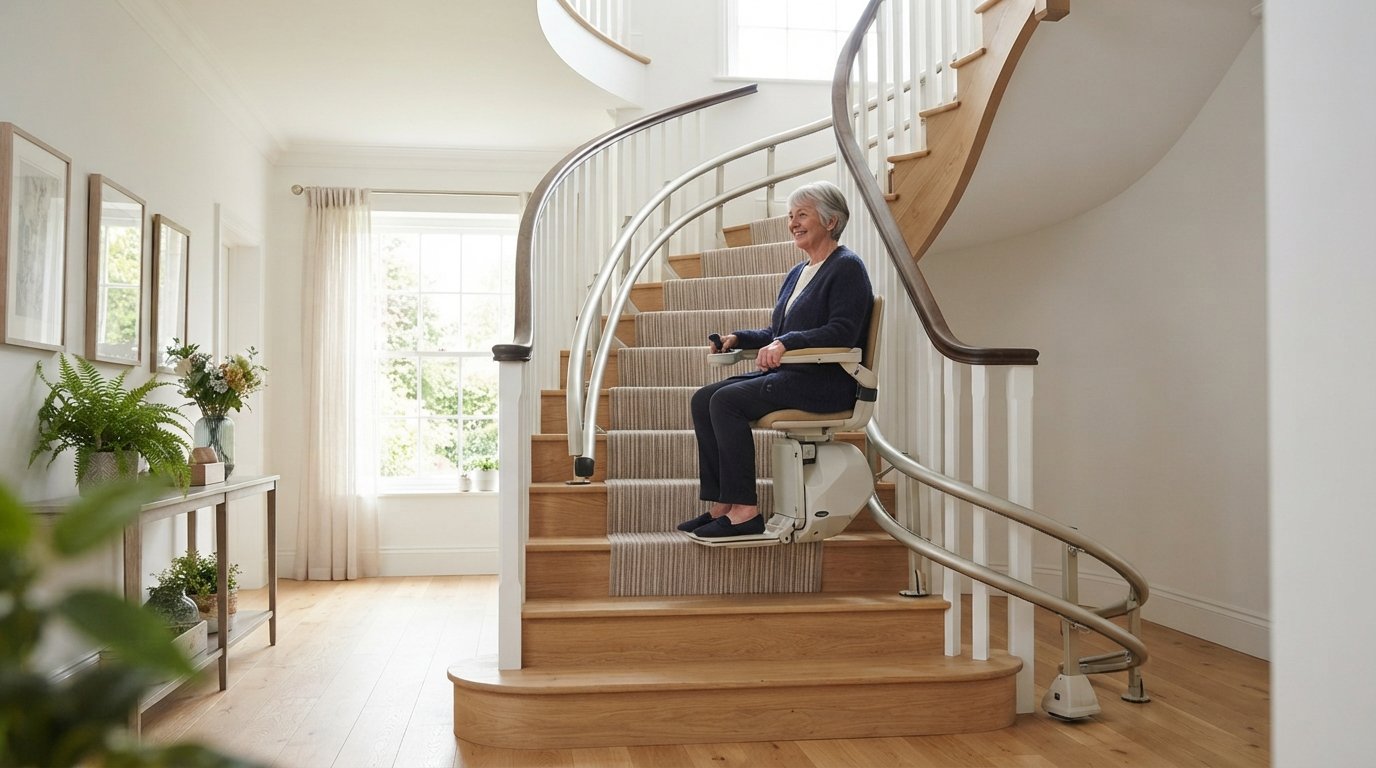Monte-escalier moderne sur un escalier tournant, maison lumineuse